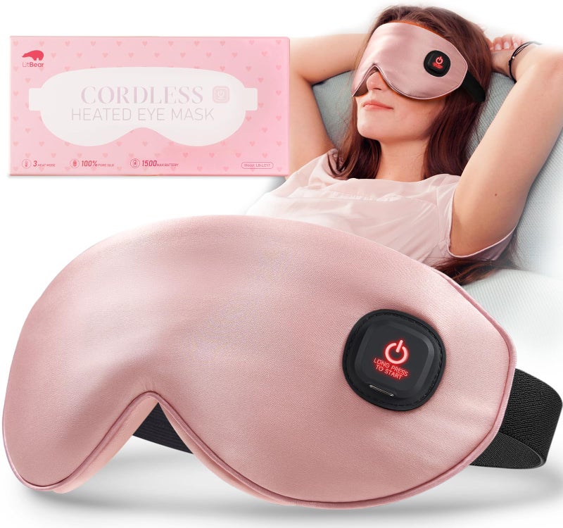 LitBear Heated Eye Mask Silk Cordless Warm Eye Compress for Dry Eyes Light Blocking Heat Eye Mask for Women Men Soft Eye Heating Pad for Dry Eyes Travel Rechargeable Washable Cover Pink